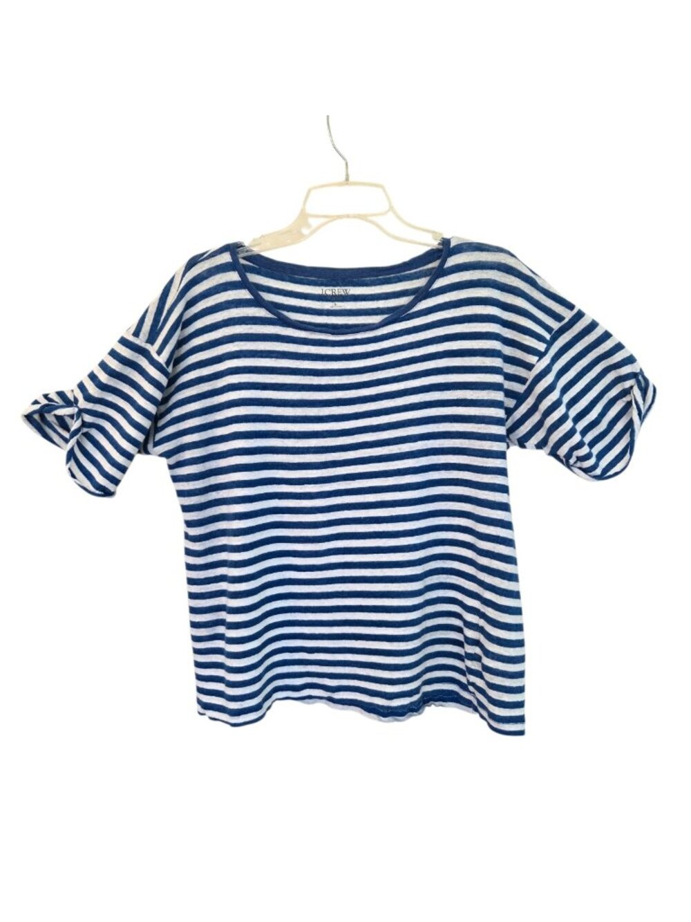 J Crew Linen Tee Nautical Navy Blue Stripe Roll-cuff sleeves women's Large